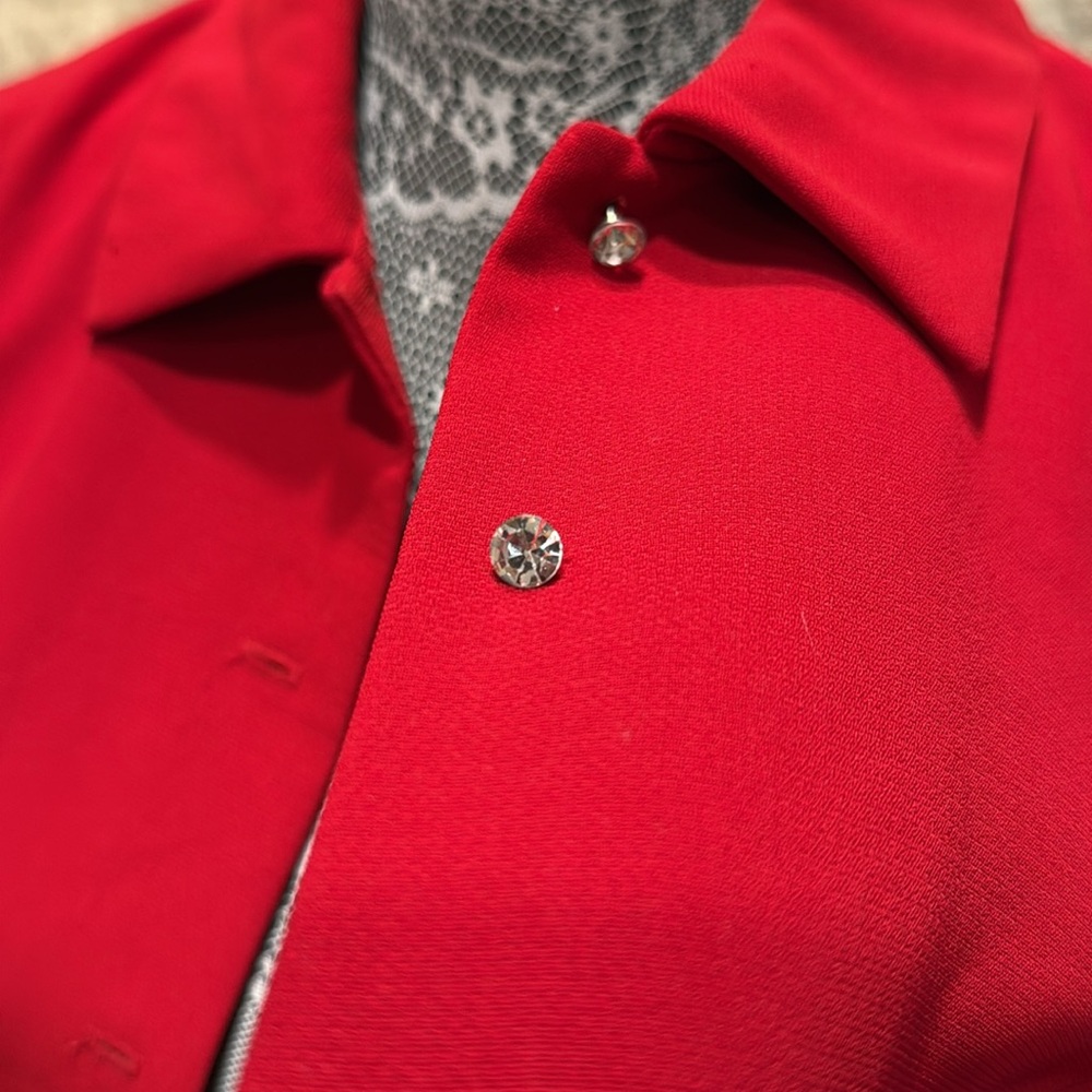 Elegant Red Women's Long Lined Rhinestone Front Buttoned Jacket - Picture 3 of 10